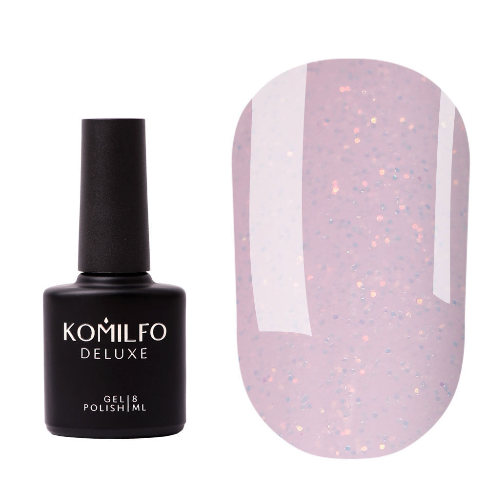 Komilfo Moon Crush Base #104 (8ml) bottle and swatch (Translucent pale pink pigmented base coat with gold and holographic sequins/glitter)