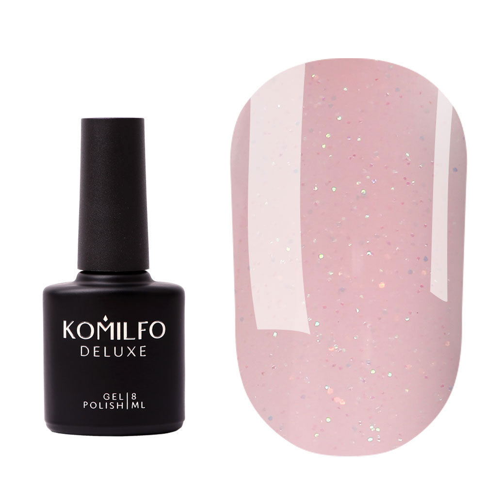 Komilfo Moon Crush Base #106 (8ml) bottle and swatch (Translucent light beige pigmented base coat with golden green glitter)