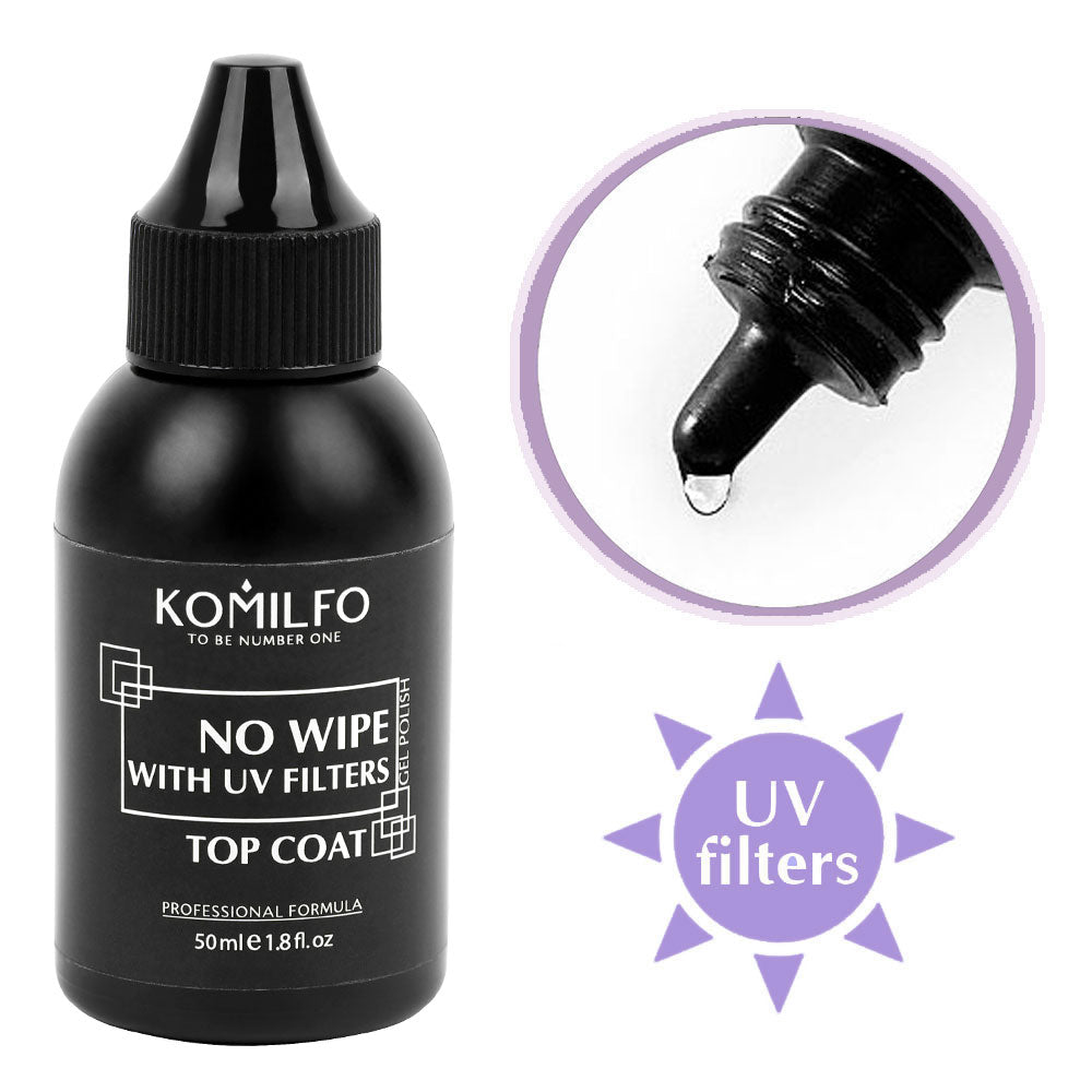 Komilfo No Wipe Top 50ml bottle with UV Filters and dropper cap (High gloss gel polish top coat for refill/bulk use)