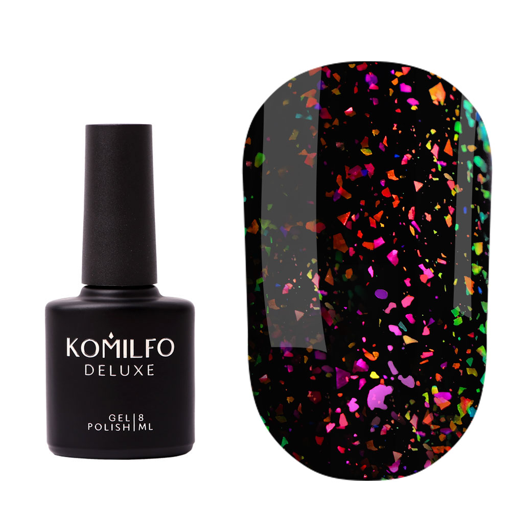 Komilfo No Wipe Chameleon Top Coat (8ml) bottle and swatch (Dark base glossy top coat with multi-colored iridescent flakes)