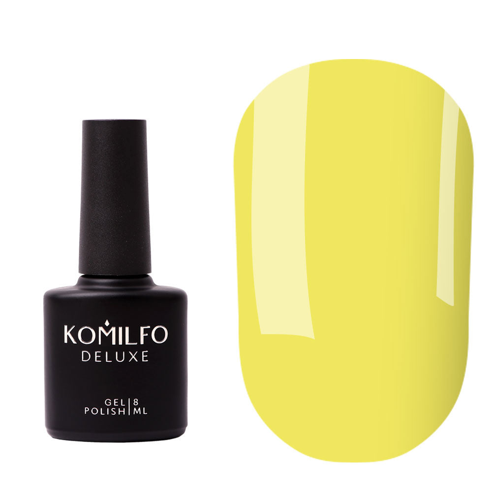 Komilfo Color Base Pale Yellow (8ml) bottle and swatch (Opaque pale yellow pigmented base coat for strengthening nails)