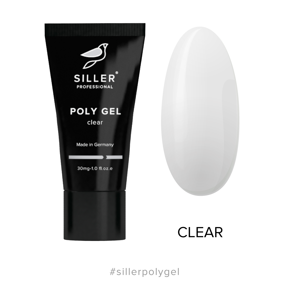 Siller Poly Gel Clear in a 30mg black tube. Professional transparent hybrid acrylic-gel for strong nail extensions and structural modeling.
