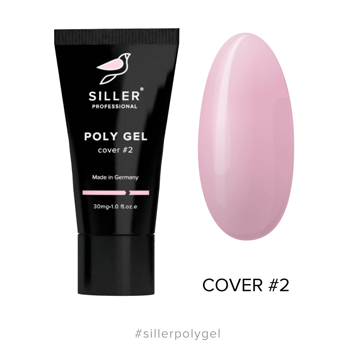 Siller Poly Gel Cover #2 in a 30mg black tube. Soft pink-lilac hybrid acrylic-gel for professional nail extensions and camouflage.