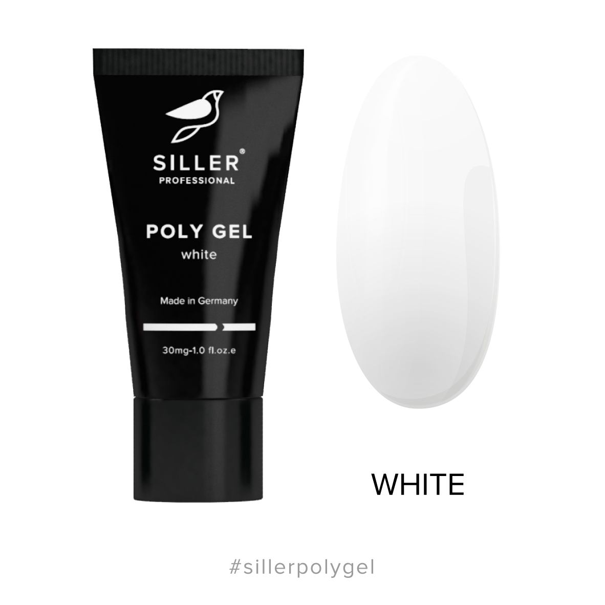 Siller Poly Gel White in a 30mg black tube. Professional opaque white hybrid acrylic-gel for nail extensions and French manicures.