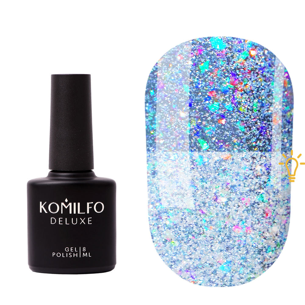 Komilfo Christmas Top Coat (8ml) bottle and swatch (Clear glossy top coat with dense multi-colored reflective and holographic glitter)