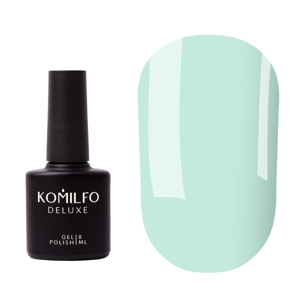 Komilfo Color Base Royal Mint (8ml) bottle and swatch (Translucent light mint green pigmented base coat for strengthening nails)
