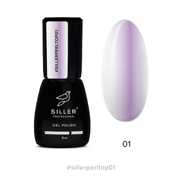 Siller Pearl Top #01 in an 8ml bottle. A professional pearl-lilac iridescent top coat for a shimmering gel polish finish.