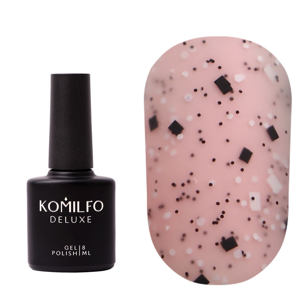 Komilfo No Wipe Matte Top Stone Coat (8ml) bottle and swatch (Matte top coat with black square and white/black speckle inclusions)
