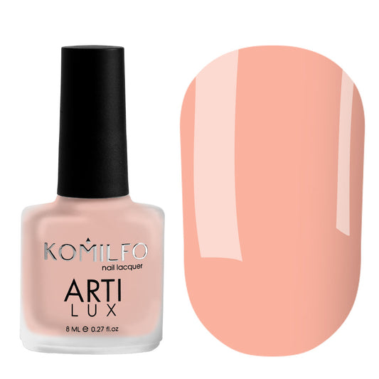 Komilfo ARTI LUX 002 Nail Lacquer 8ml bottle and color swatch (Pale nude pink enamel polish, sheer/translucent)