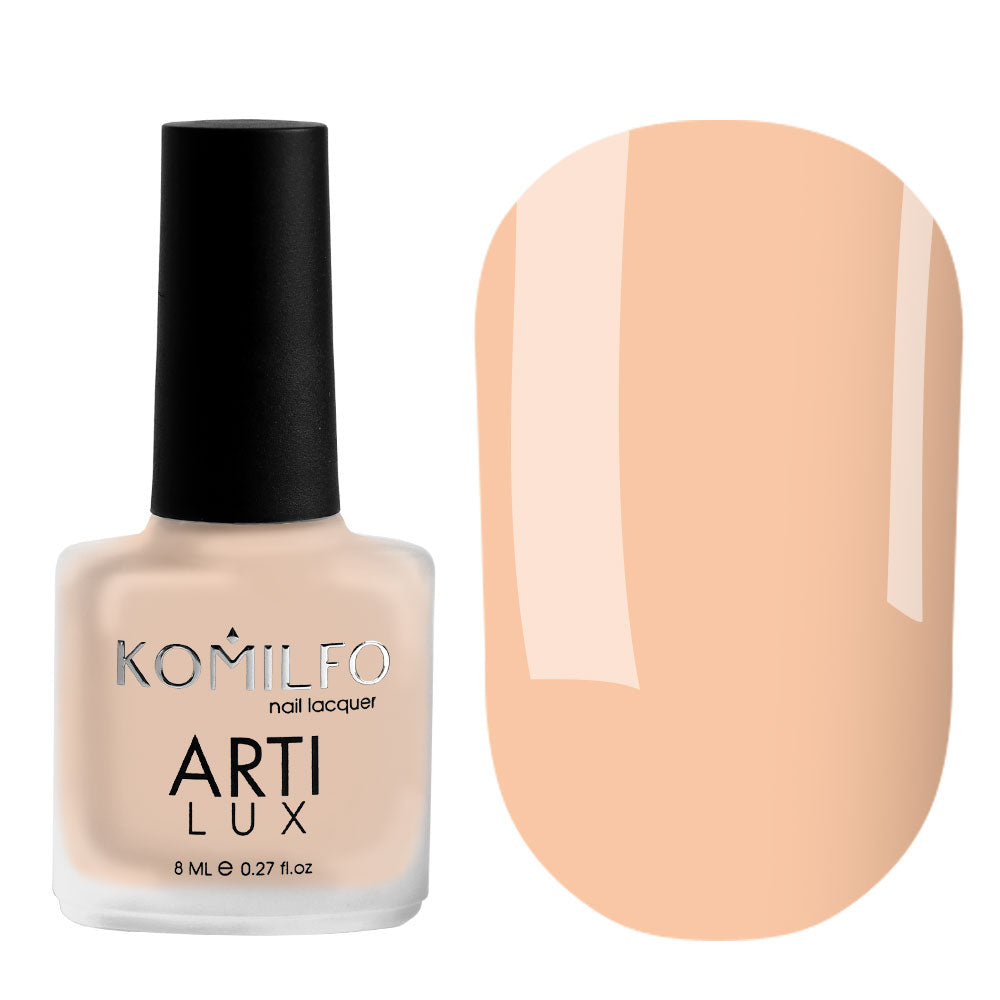 Komilfo ARTI LUX 003 Nail Lacquer 8ml bottle and color swatch (Pale beige nude enamel polish, sheer/translucent)