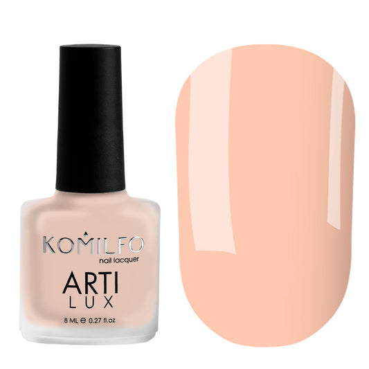 Komilfo ARTI LUX 004 Nail Lacquer 8ml bottle and color swatch (Creamy nude peach body color enamel polish)