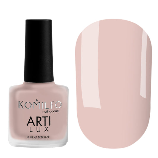 Komilfo ARTI LUX 007 Nail Lacquer 8ml bottle and color swatch (Pale muted purple-pink nude enamel polish)