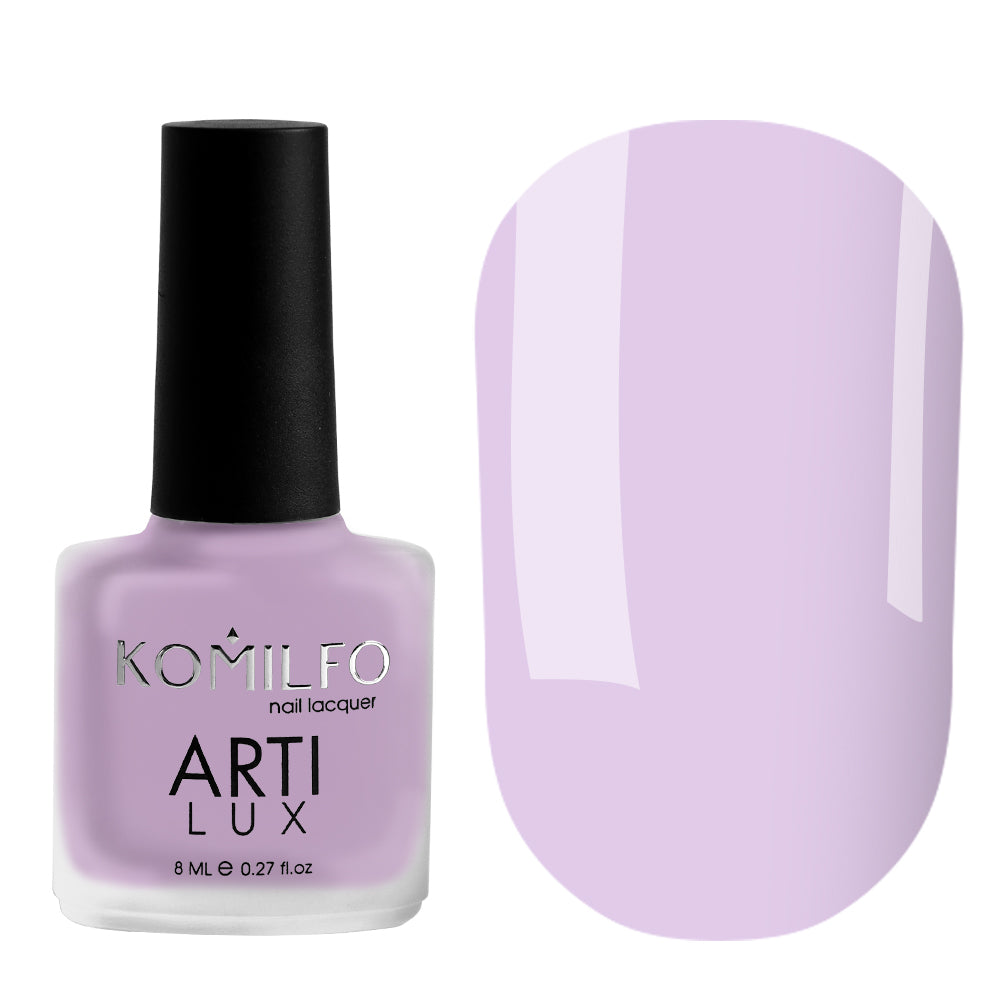 Komilfo ARTI LUX 010 Nail Lacquer 8ml bottle and color swatch (Soft lavender purple enamel polish)