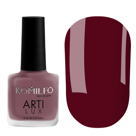 Komilfo ARTI LUX 023 Nail Lacquer 8ml bottle and color swatch (Deep burgundy enamel polish)