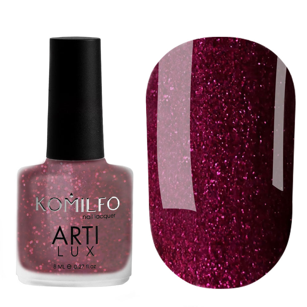 Komilfo ARTI LUX 024 Nail Lacquer 8ml bottle and color swatch (Deep burgundy red polish with fine glitter/microspray)