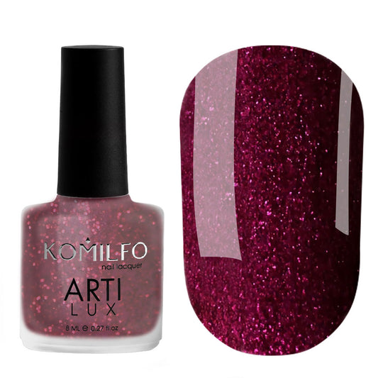 Komilfo ARTI LUX 024 Nail Lacquer 8ml bottle and color swatch (Deep burgundy red polish with fine glitter/microspray)
