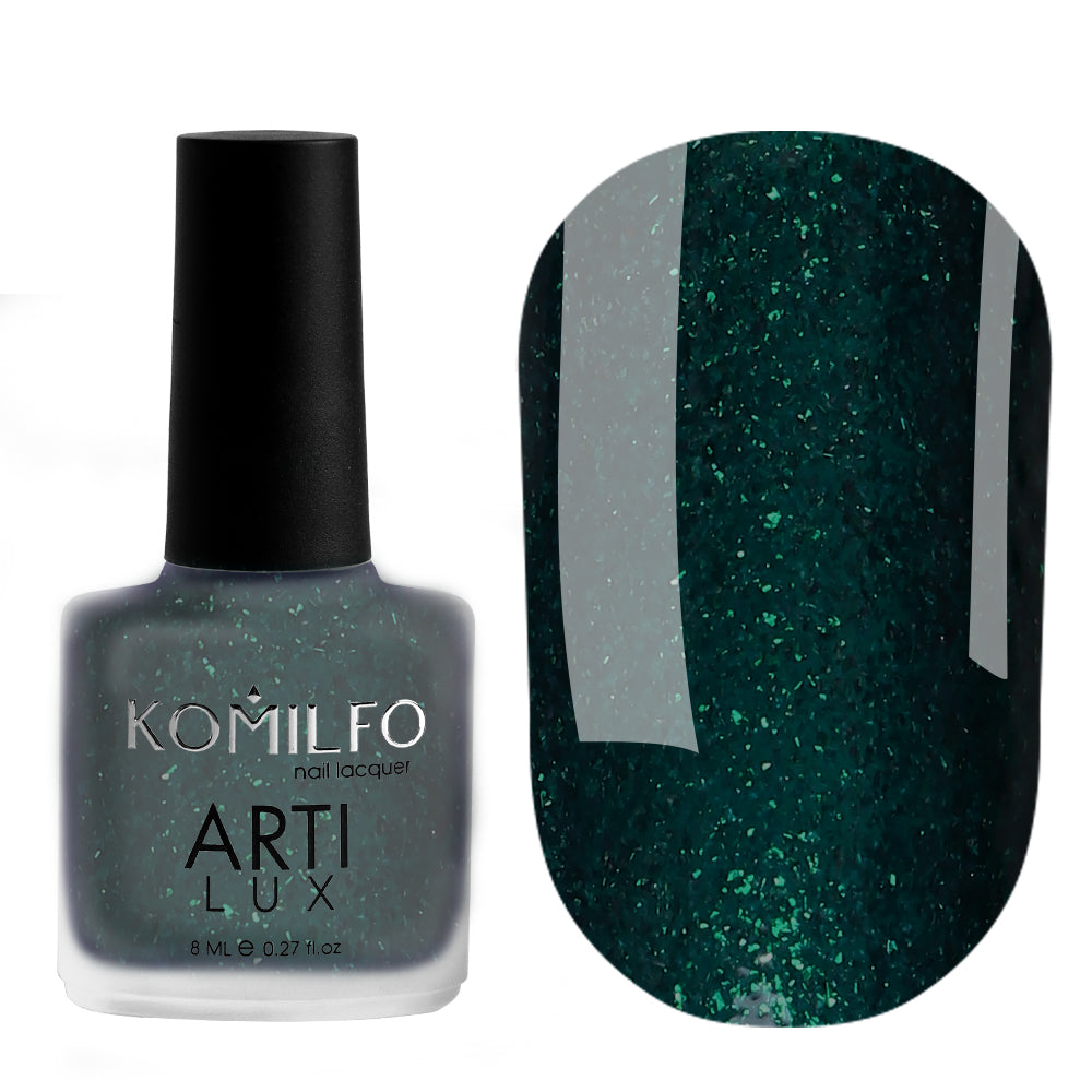Komilfo ARTI LUX 028 Nail Lacquer 8ml bottle and color swatch (Deep forest green polish with fine glitter/microspray)