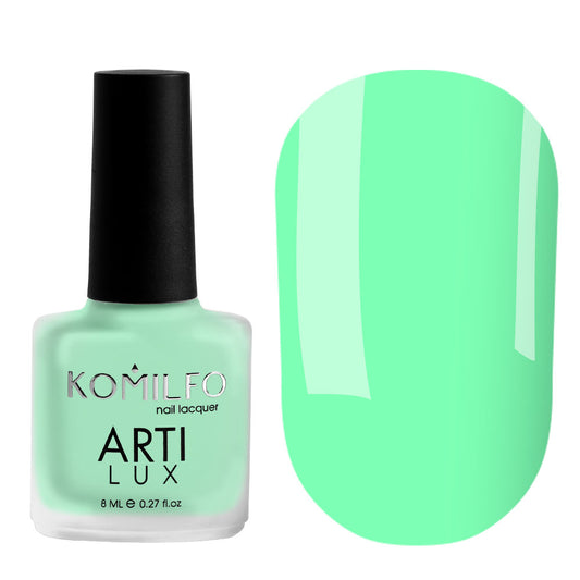 Komilfo ARTI LUX 033 Nail Lacquer 8ml bottle and color swatch (Bright mint green enamel polish)