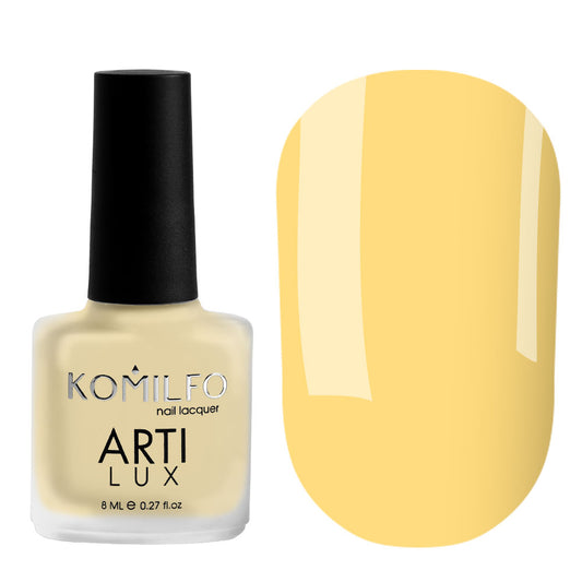 Komilfo ARTI LUX 034 Nail Lacquer 8ml bottle and color swatch (Creamy yellow enamel polish)