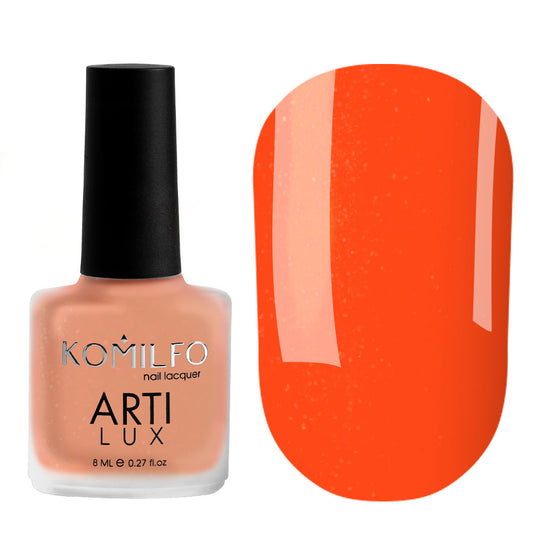 Komilfo ARTI LUX 035 Nail Lacquer 8ml bottle and color swatch (Vibrant orange polish with shimmer)