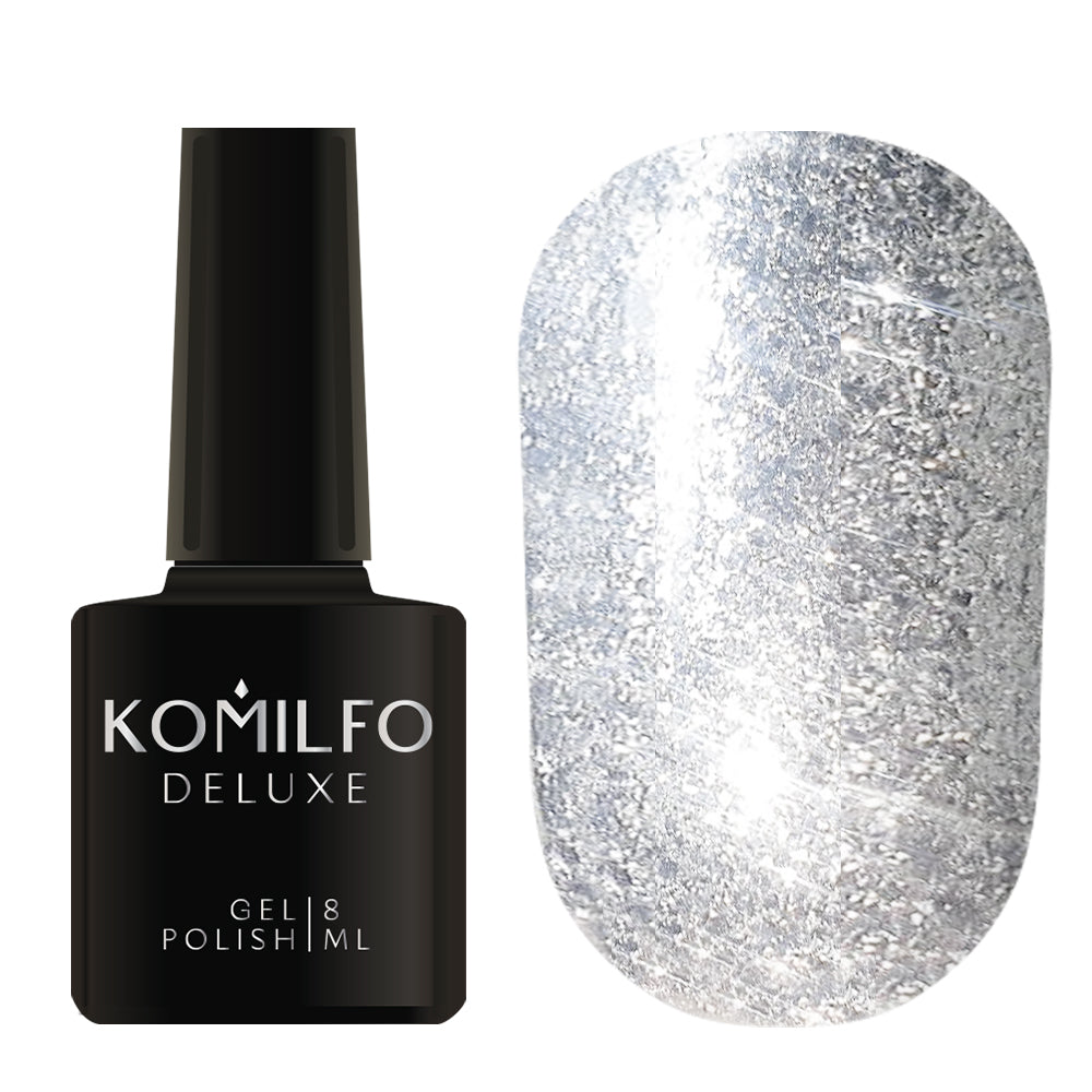 Komilfo Liquid Glam Gel 8ml LGG001 bottle and swatch (Intense, full-coverage metallic silver sequin glitter)