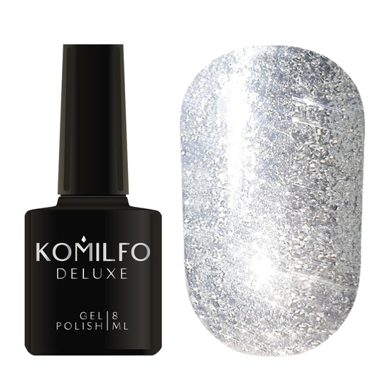 Komilfo Liquid Glam Gel 8ml LGG001 bottle and swatch (Intense, full-coverage metallic silver sequin glitter)