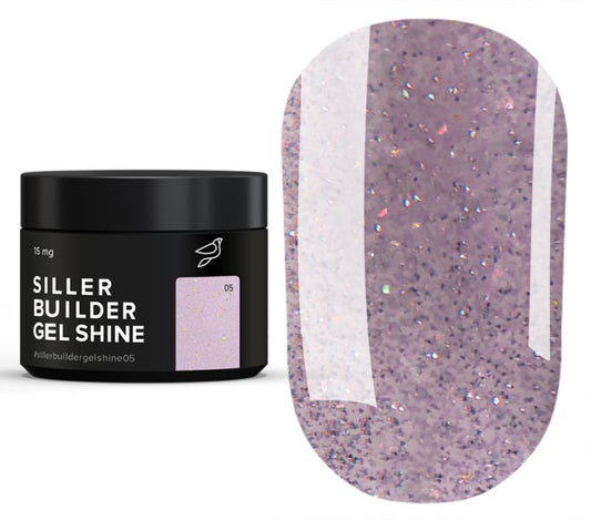 Siller Builder Gel Shine #05 Lavender-Mauve Shimmer, 15 mg jar. A professional shimmering UV/LED builder gel for decorative nail modeling.