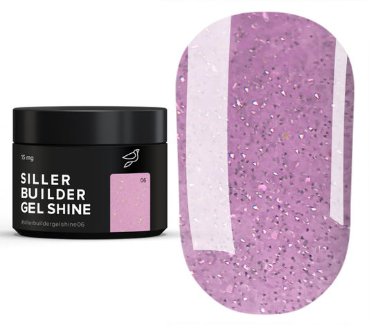 Siller Builder Gel Shine #06 Orchid Pink Shimmer, 15 mg jar. A professional shimmering UV/LED builder gel for decorative nail extensions and strengthening.