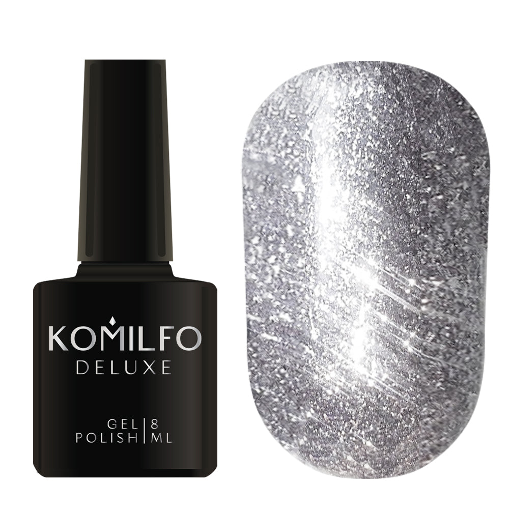 Komilfo Liquid Glam Gel 8ml LGG002 bottle and swatch (Intense, full-coverage metallic silver-gray sequin glitter)