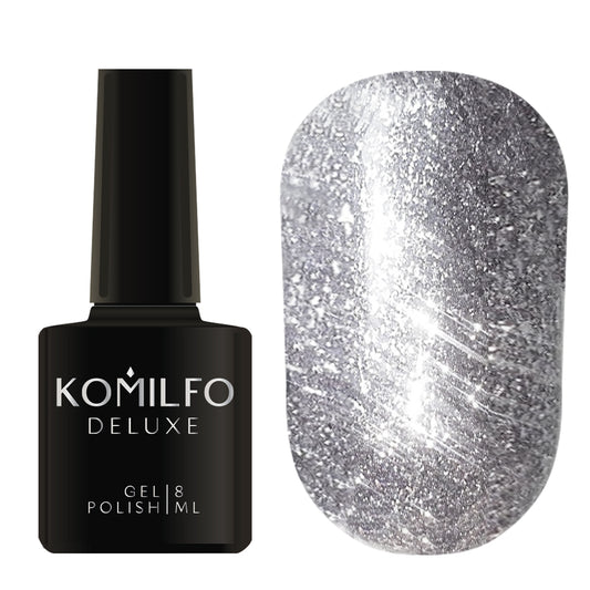 Komilfo Liquid Glam Gel 8ml LGG002 bottle and swatch (Intense, full-coverage metallic silver-gray sequin glitter)
