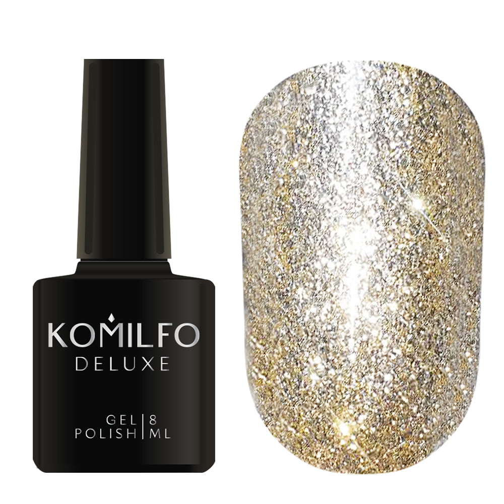 Komilfo Liquid Glam Gel 8ml LGG003 bottle and swatch (Intense, full-coverage metallic golden sequin glitter)
