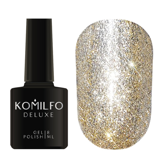 Komilfo Liquid Glam Gel 8ml LGG003 bottle and swatch (Intense, full-coverage metallic golden sequin glitter)