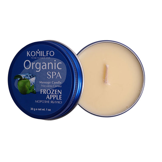 Komilfo Organic SPA Massage Candle Frozen Apple (30g) in a blue tin container, showing the wick and wax oil.