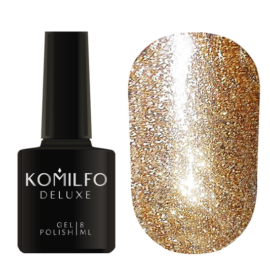 Komilfo Liquid Glam Gel 8ml LGG004 bottle and swatch (Intense, full-coverage metallic rose gold sequin glitter)