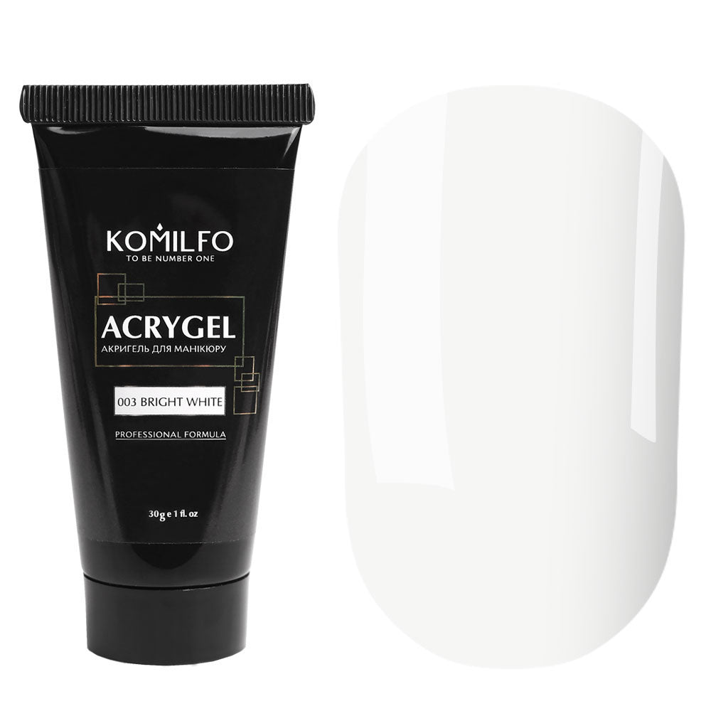 Komilfo Acryl Gel 003 Bright White 30g tube and opaque white color swatch