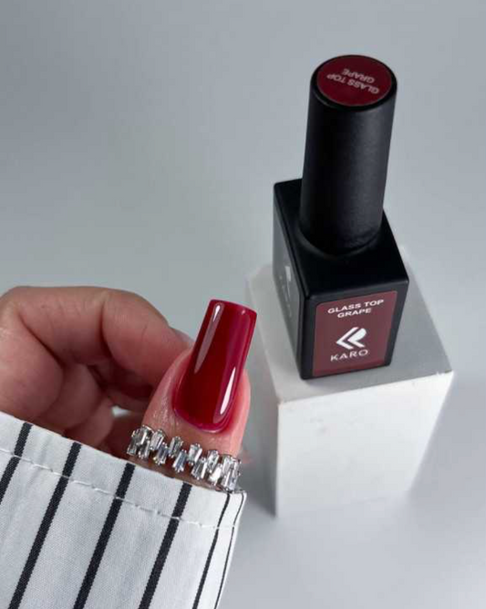 KARO Glass Top Grape 10ml bottle. Translucent burgundy high-gloss top coat for jelly nail effects and deep shine.
