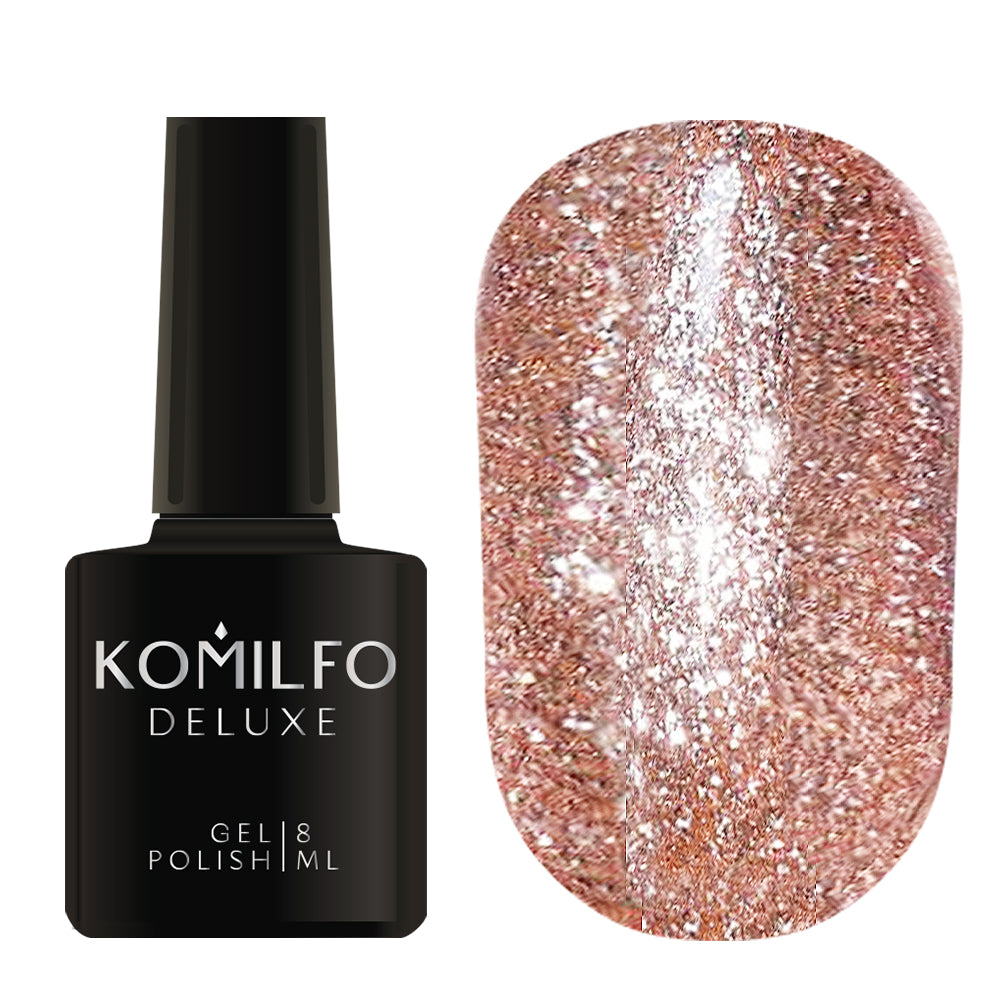 Komilfo Liquid Glam Gel 8ml LGG005 bottle and swatch (Intense, full-coverage metallic rose sequin glitter)