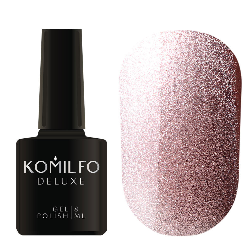 Komilfo 9D Cat’s Eye Nude 8ml 9DN001 bottle and swatch (Beige nude magnetic gel polish with a dimensional silver effect)