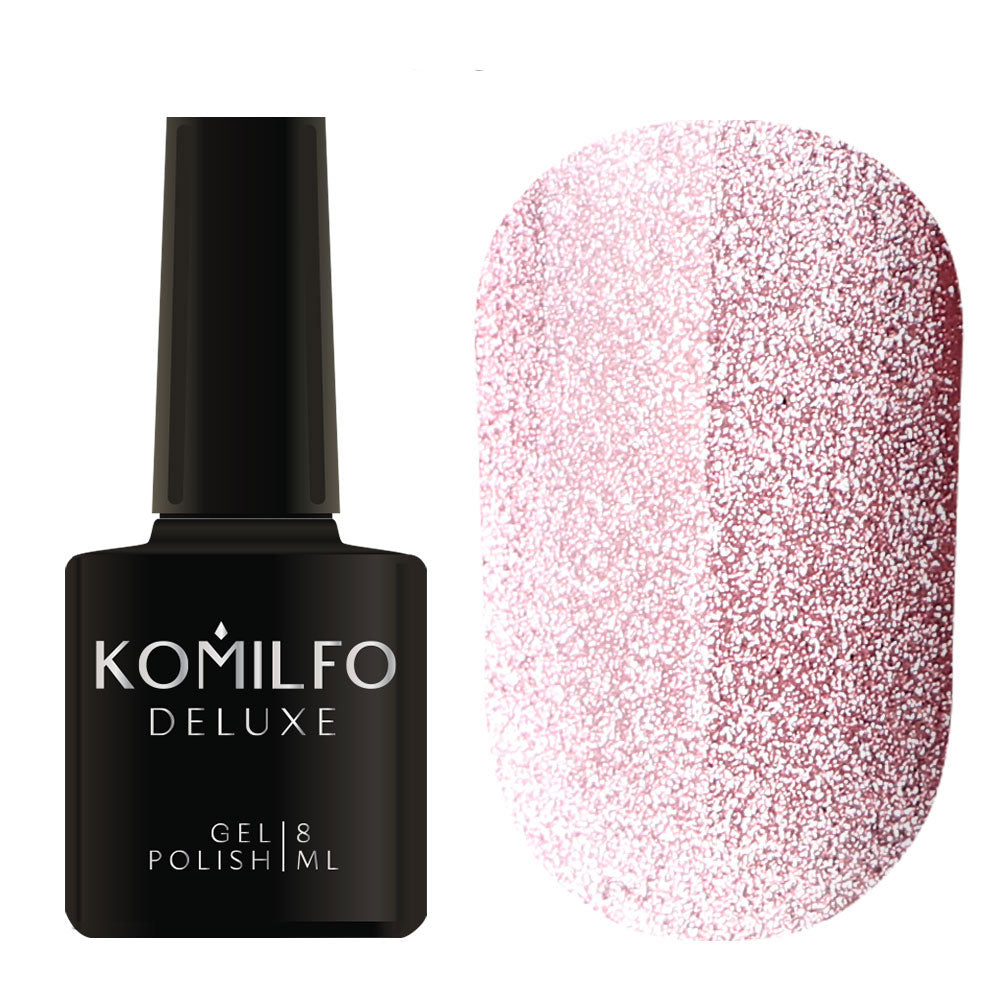 Komilfo 9D Cat’s Eye Nude 8ml 9DN002 bottle and swatch (Pink nude magnetic gel polish with a dimensional silver effect)