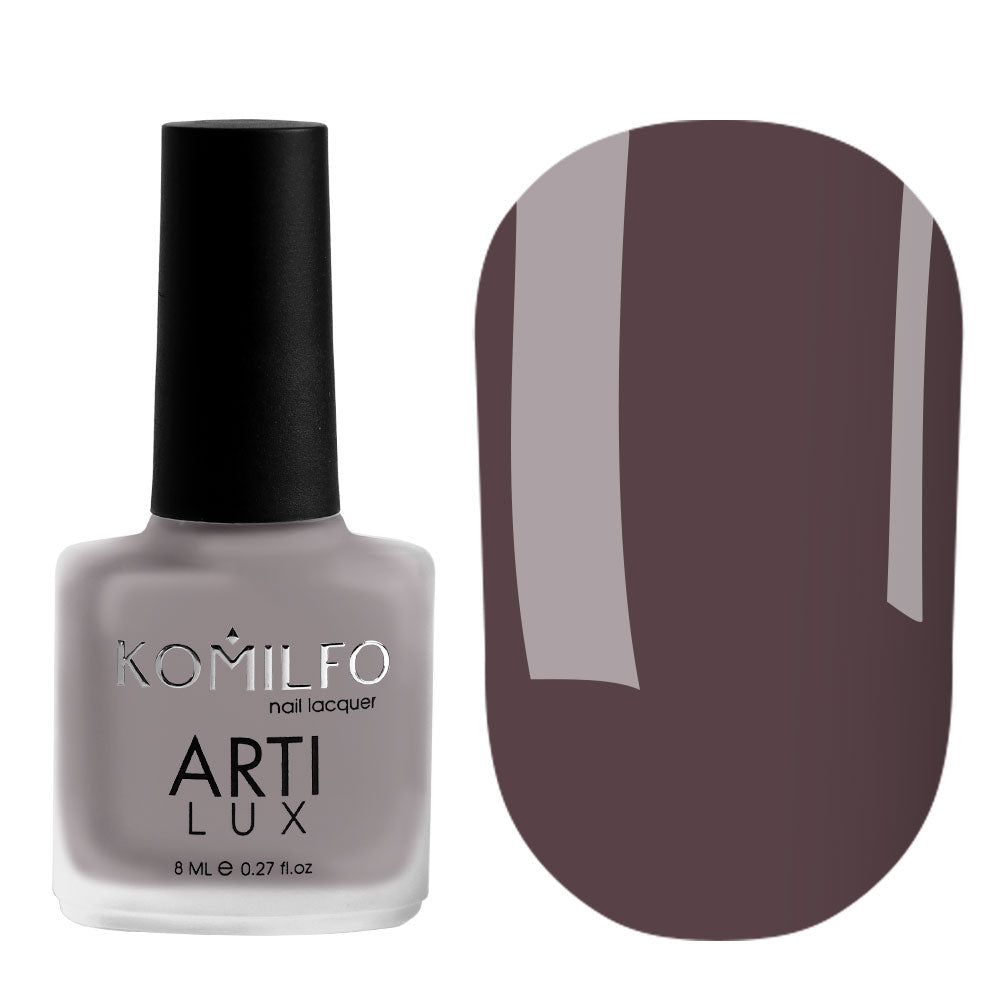 Komilfo ARTI LUX 014 Nail Lacquer 8ml bottle and color swatch (Dusty gray-violet enamel polish)