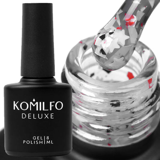 Komilfo Glassy Base GB001 (8ml) bottle and brush (Translucent milky white pigmented base coat with white, red, and black confetti/flakes)