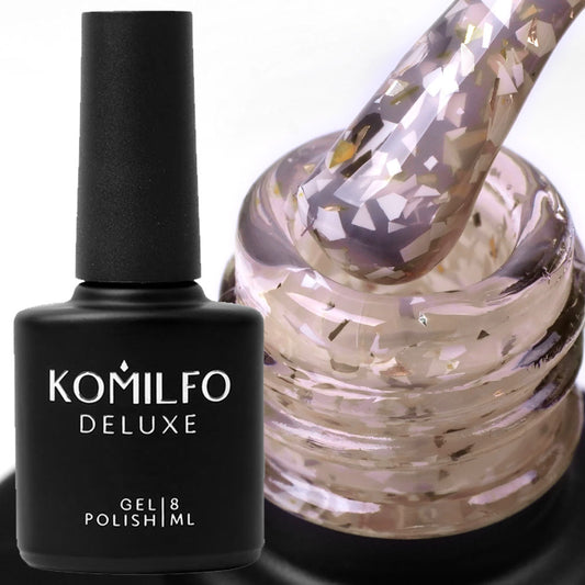 Komilfo Glassy Base GB002 (8ml) bottle and brush (Translucent nude beige pigmented base coat with gold and iridescent flakes)