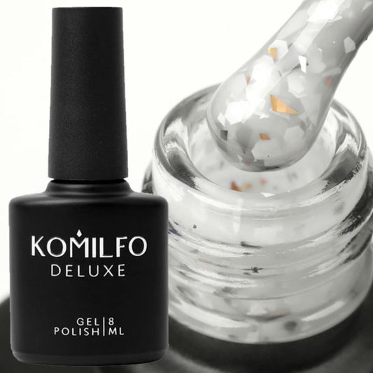 Komilfo Glassy Base GB003 (8ml) bottle and brush (Translucent milky white pigmented base coat with white and copper/gold confetti/flakes)