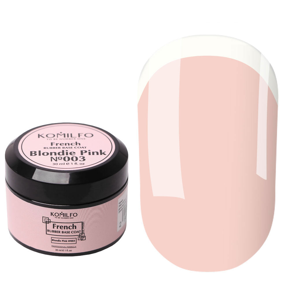 Komilfo French Rubber Base No. 003 Blondie Pink 30ml professional jar, an opaque medium warm pink camouflage base for French manicures and leveling.