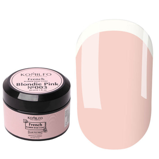 Komilfo French Rubber Base No. 003 Blondie Pink 30ml professional jar, an opaque medium warm pink camouflage base for French manicures and leveling.