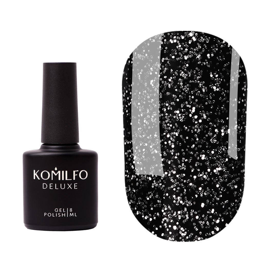 Komilfo No Wipe Silver Top Coat (8ml) bottle and swatch (Clear glossy top coat with bright silver glitter and micro-shimmer)