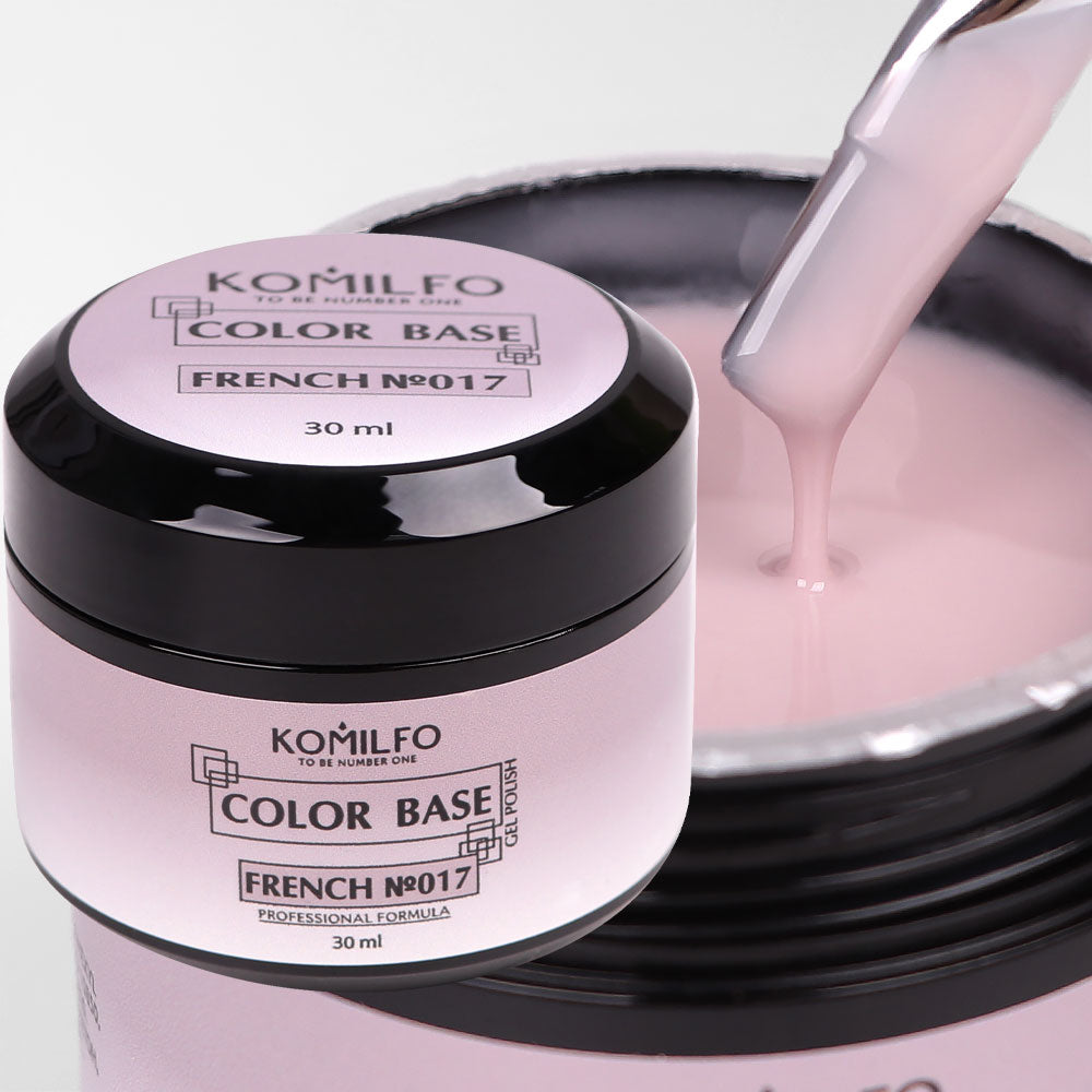 Komilfo Color Base French 017 8ml bottle of warm soft pink nude camouflage rubber base with integrated brush