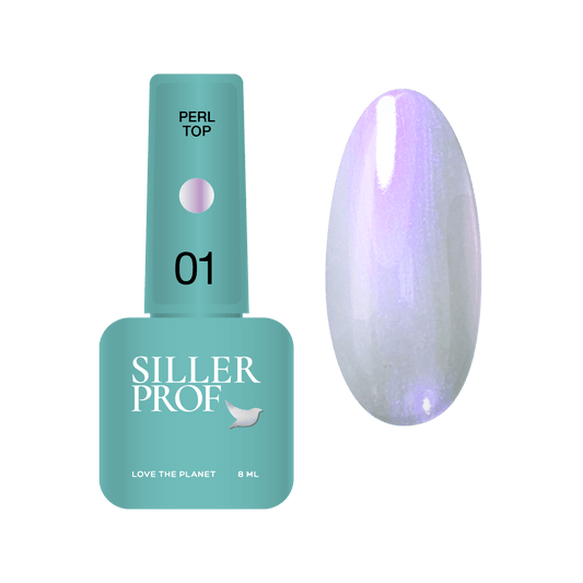 Siller Perl Top #01 in an 8ml bottle. A professional glossy pearl-lilac iridescent top coat for a shimmering gel polish finish.
