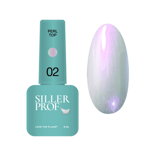 Siller Perl Top #02 in an 8ml bottle. A professional glossy pink iridescent pearl top coat for a shimmering gel polish finish.