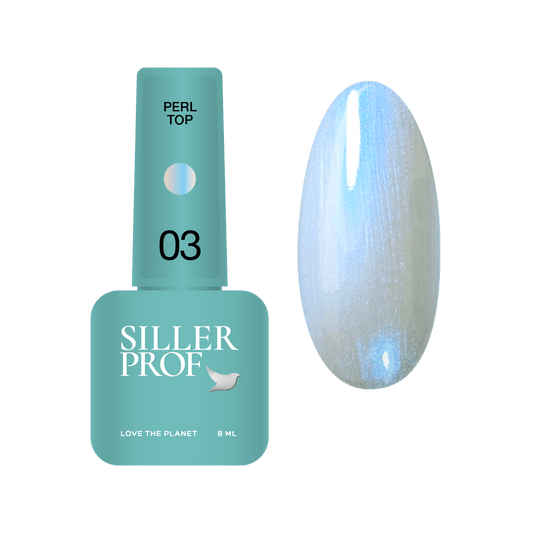 Siller Perl Top #03 in an 8ml bottle. A professional glossy blue iridescent pearl top coat for a shimmering gel polish finish.